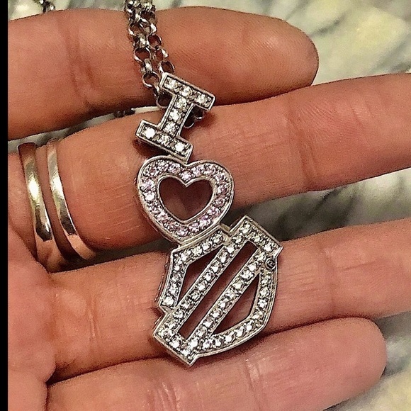 Harley-davidson Sterling White Pink Crystal Heart Bar Shield Pendant 19” / 1.8” - Picture 5 of 11